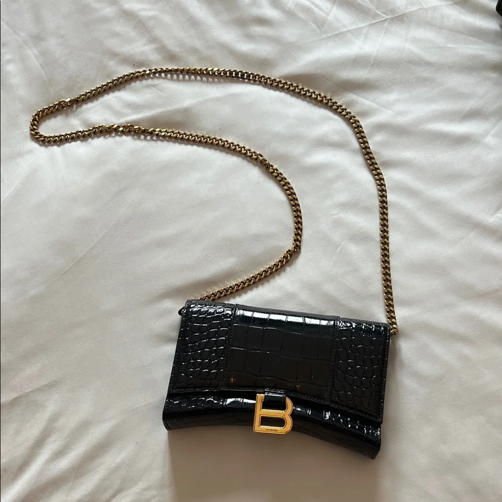 Balenciaga- Black Croc-Embossed Chain Shoulder Bag - Picture 1 of 6